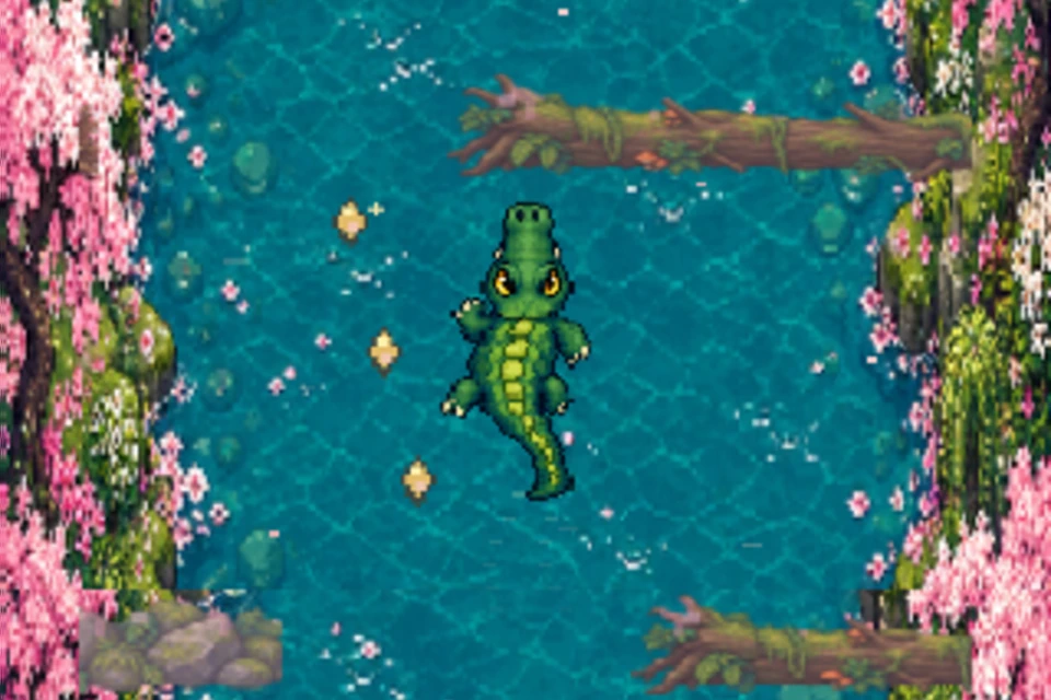 Wiggly Gator swimming between two log obstacles in a blossom-lined river.