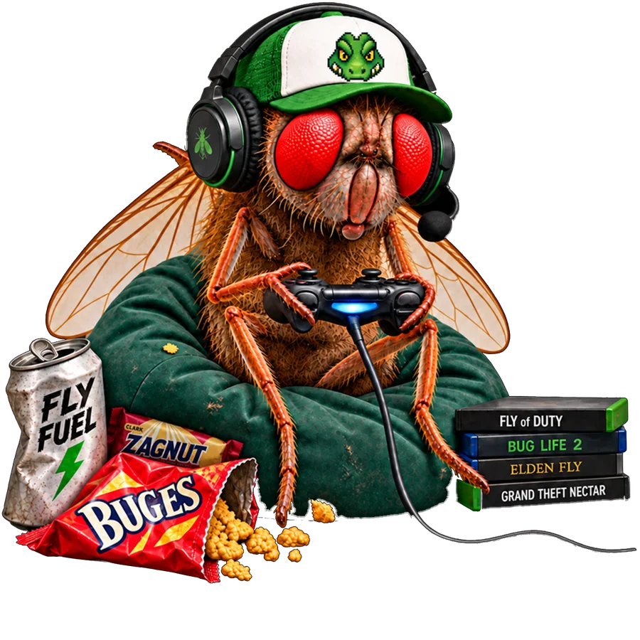 An illustrated fruit fly wearing a gaming headset and cap, holding a game controller, surrounded by snacks and fly-themed video games